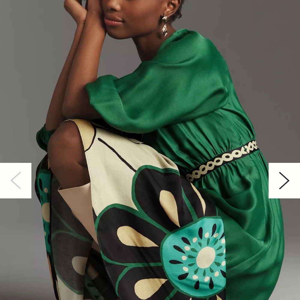 FARM Rio Green and Black Retro Daisy V Neck Floral Midi Dress NWT